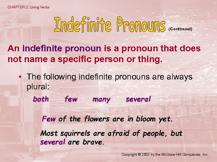 CHAPTER 2: Using Verbs (Continued) An indefinite pronoun is a pronoun that does not