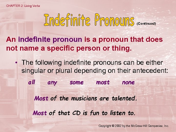 CHAPTER 2: Using Verbs (Continued) An indefinite pronoun is a pronoun that does not