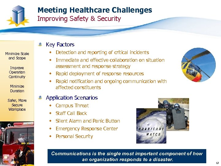 Meeting Healthcare Challenges Improving Safety & Security Key Factors Minimize Scale and Scope Improve