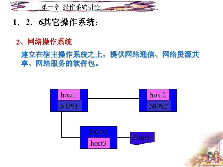 第一章 操作系统引论 1．2．6其它操作系统： 2、网络操作系统 建立在宿主操作系统之上，提供网络通信、网络资源共 享、网络服务的软件包。 host 1 NOS 1 host 2 NOS 2