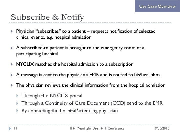 Use Case Overview Subscribe & Notify Physician “subscribes” to a patient – requests notification