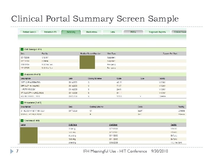 Clinical Portal Summary Screen Sample 7 IFH Meaningful Use - HIT Conference 9/30/2010 