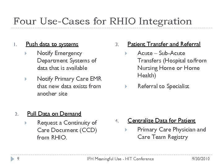 Four Use-Cases for RHIO Integration Push data to systems Notify Emergency Department Systems of