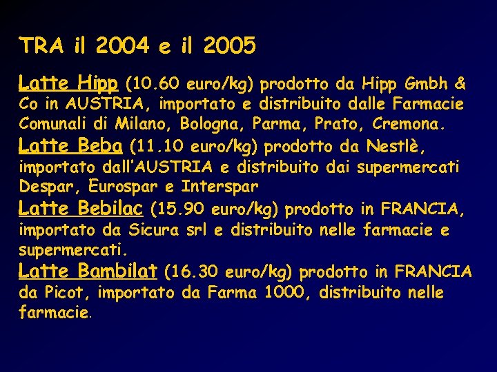 TRA il 2004 e il 2005 Latte Hipp (10. 60 euro/kg) prodotto da Hipp