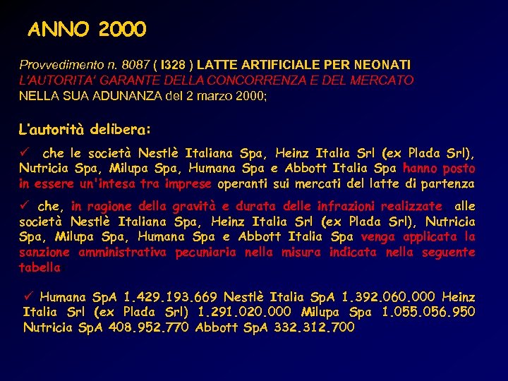 ANNO 2000 Provvedimento n. 8087 ( I 328 ) LATTE ARTIFICIALE PER NEONATI L'AUTORITA'