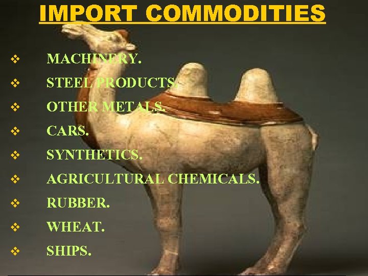 IMPORT COMMODITIES v MACHINERY. v STEEL PRODUCTS. v OTHER METALS. v CARS. v SYNTHETICS.