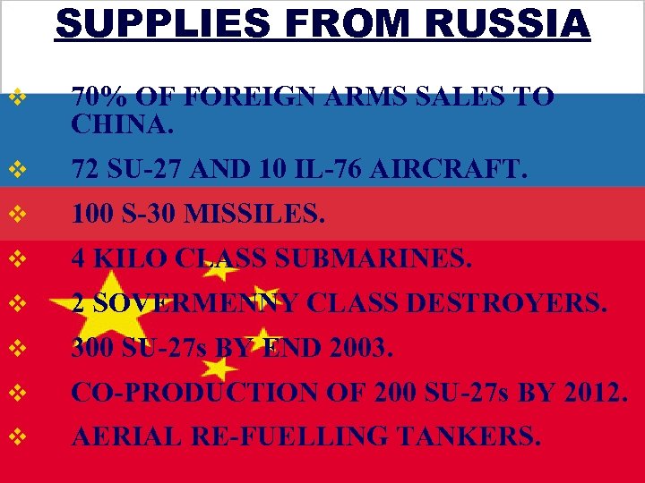 SUPPLIES FROM RUSSIA v 70% OF FOREIGN ARMS SALES TO CHINA. v 72 SU-27