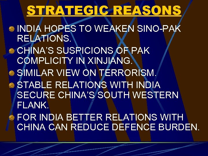 STRATEGIC REASONS INDIA HOPES TO WEAKEN SINO-PAK RELATIONS. CHINA’S SUSPICIONS OF PAK COMPLICITY IN