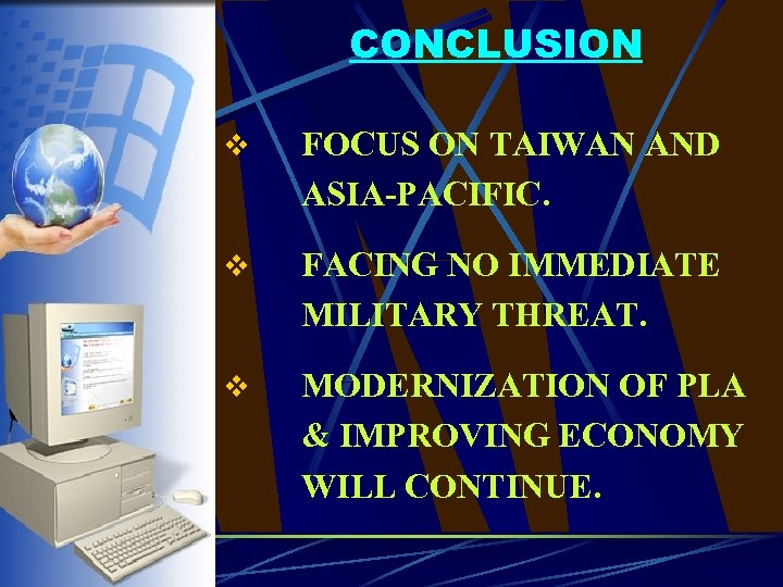 CONCLUSION v FOCUS ON TAIWAN AND ASIA-PACIFIC. v FACING NO IMMEDIATE MILITARY THREAT. v