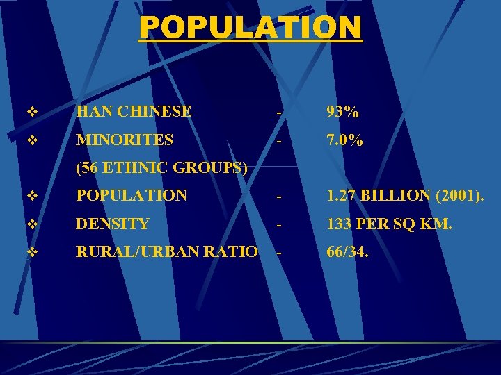 POPULATION v HAN CHINESE - 93% v MINORITES - 7. 0% (56 ETHNIC GROUPS)