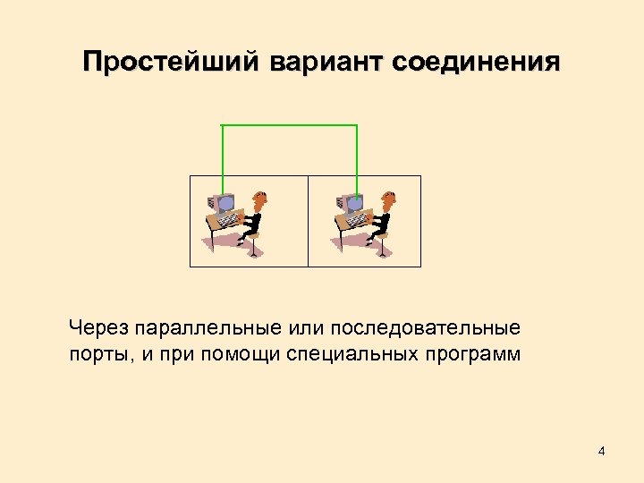 Простейший вариант соединения Через параллельные или последовательные порты, и при помощи специальных программ 4