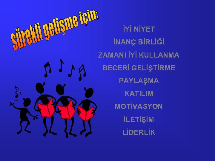 İYİ NİYET İNANÇ BİRLİĞİ ZAMANI İYİ KULLANMA BECERİ GELİŞTİRME PAYLAŞMA KATILIM MOTİVASYON İLETİŞİM LİDERLİK