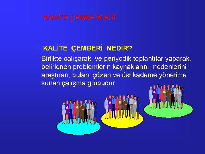 KALİTE ÇEMBERLERİ KKALİTE ÇEMBERİ NEDİR? Birlikte çalışarak ve periyodik toplantılar yaparak, belirlenen problemlerin kaynaklarını,