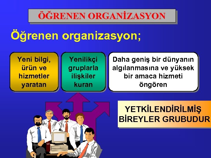 ÖĞRENEN ORGANİZASYON Öğrenen organizasyon; Yeni bilgi, ürün ve hizmetler yaratan Yenilikçi gruplarla ilişkiler kuran