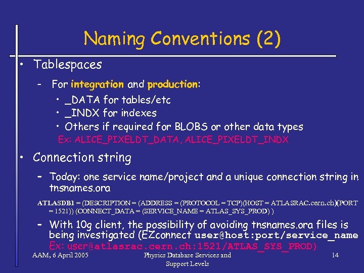 Naming Conventions (2) • Tablespaces – For integration and production: • _DATA for tables/etc