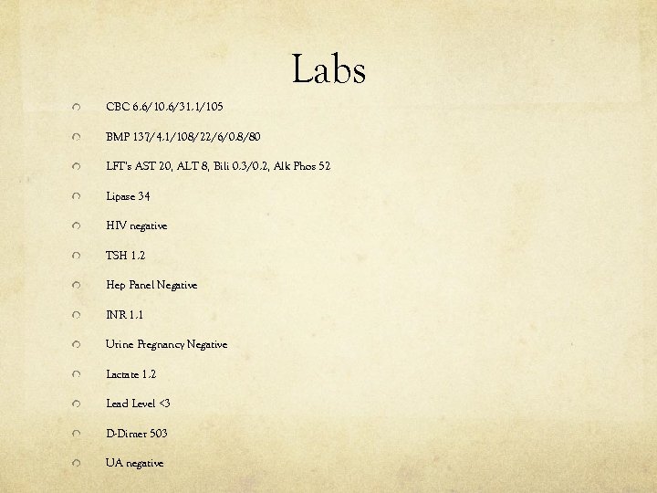 Labs CBC 6. 6/10. 6/31. 1/105 BMP 137/4. 1/108/22/6/0. 8/80 LFT’s AST 20, ALT