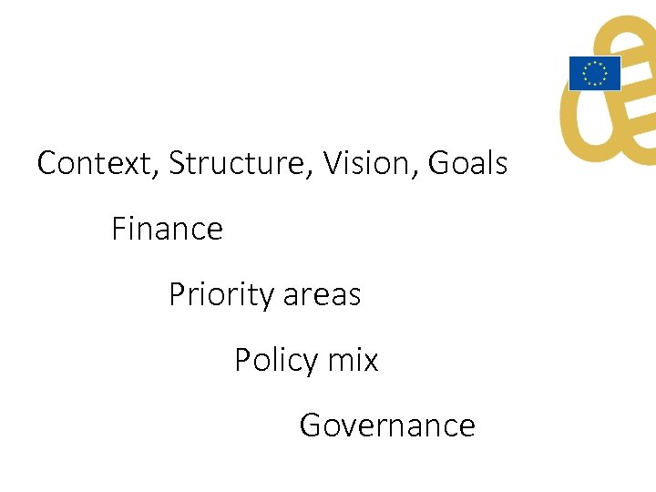 Context, Structure, Vision, Goals Finance Priority areas Policy mix Governance 