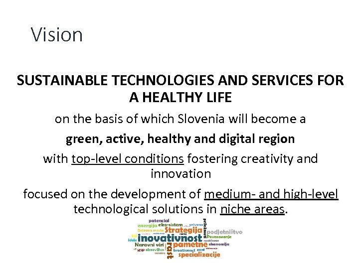 Vision SUSTAINABLE TECHNOLOGIES AND SERVICES FOR A HEALTHY LIFE on the basis of which