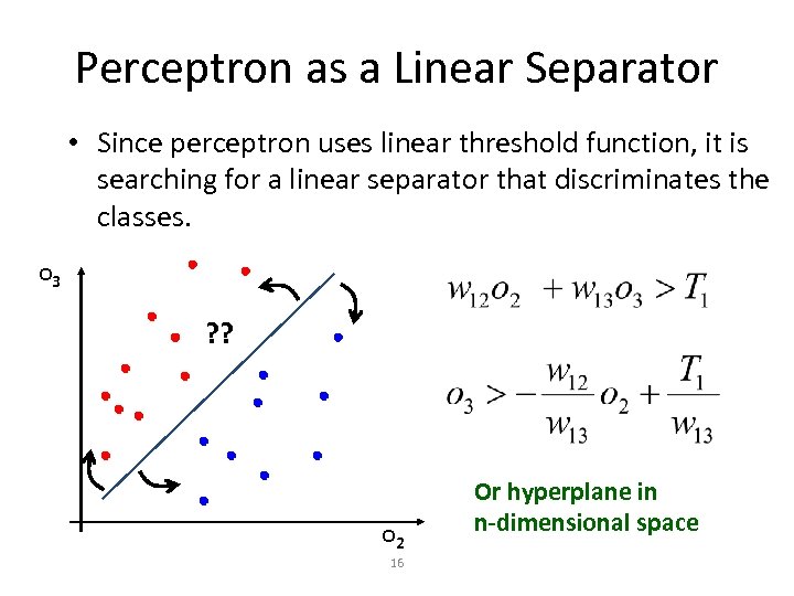 Perceptron as a Linear Separator • Since perceptron uses linear threshold function, it is