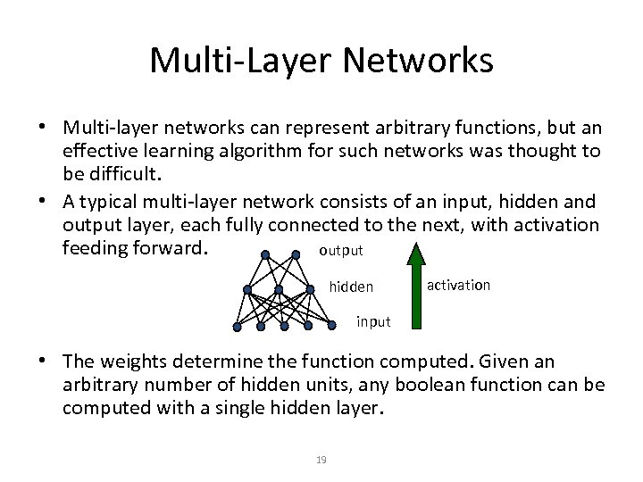 Multi-Layer Networks • Multi-layer networks can represent arbitrary functions, but an effective learning algorithm