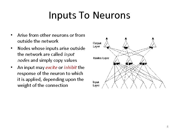 Inputs To Neurons • Arise from other neurons or from outside the network •