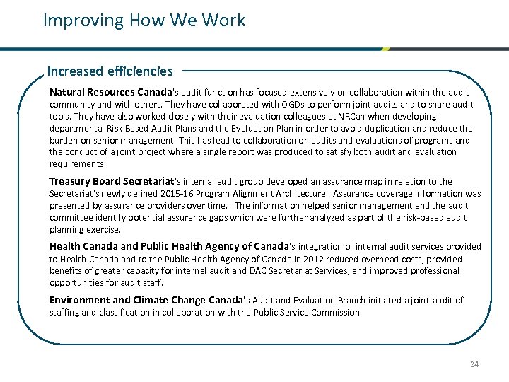 Improving How We Work Increased efficiencies Natural Resources Canada’s audit function has focused extensively