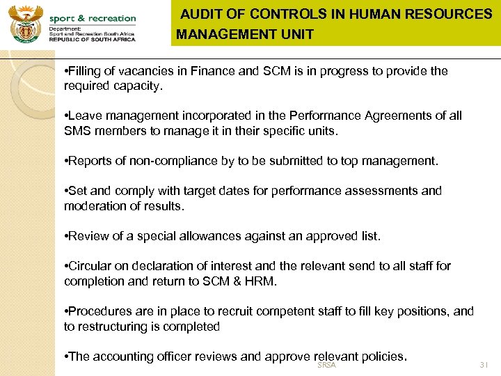 AUDIT OF CONTROLS IN HUMAN RESOURCES MANAGEMENT UNIT • Filling of vacancies in Finance