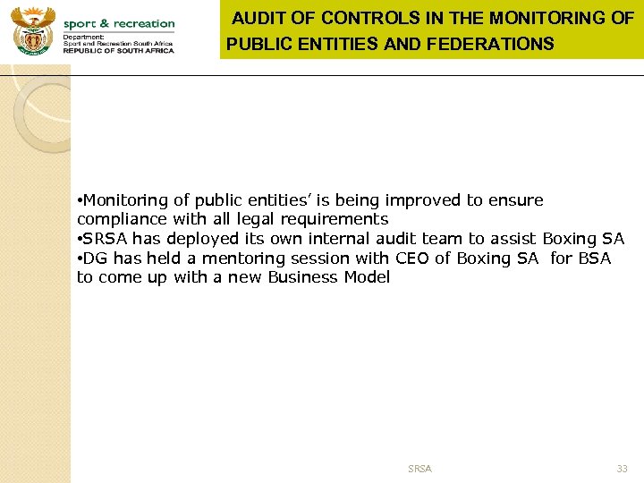 AUDIT OF CONTROLS IN THE MONITORING OF PUBLIC ENTITIES AND FEDERATIONS • Monitoring of