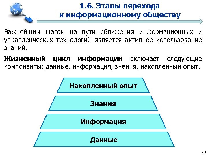 1. 6. Этапы перехода к информационному обществу Важнейшим шагом на пути сближения информационных и