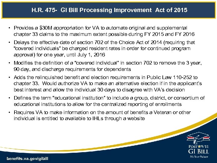 H. R. 475 - GI Bill Processing Improvement Act of 2015 • Provides a