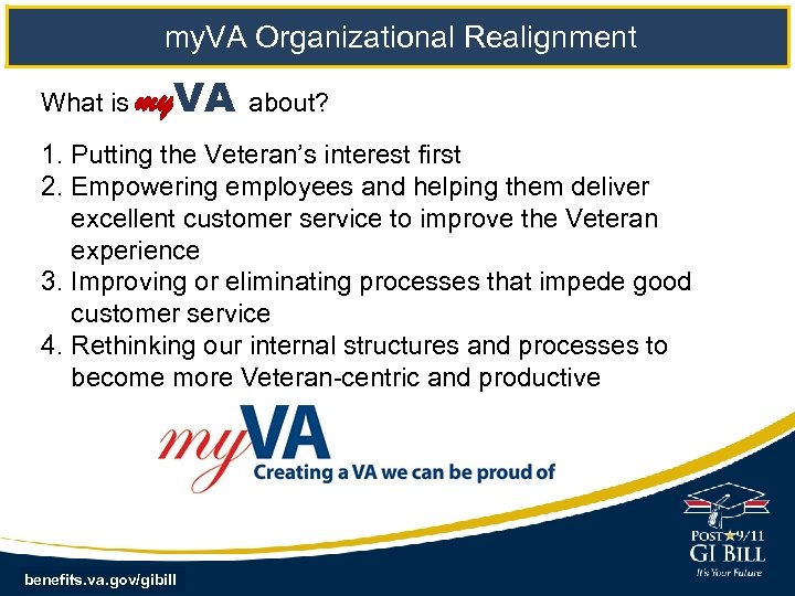  my. VA Organizational Realignment What is my. VA about? 1. Putting the Veteran’s