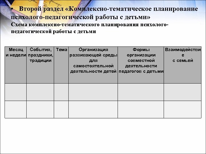  • Второй раздел «Комплексно-тематическое планирование психолого-педагогической работы с детьми» Схема комплексно-тематического планирования психологопедагогической