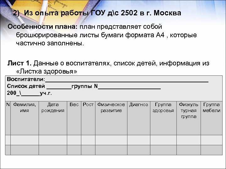 2) Из опыта работы ГОУ дс 2502 в г. Москва Особенности плана: план представляет