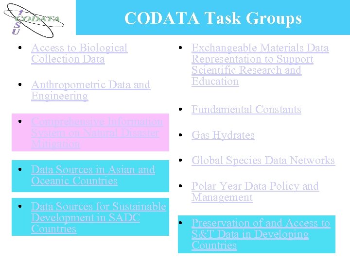 CODATA Task Groups • Access to Biological Collection Data • Anthropometric Data and Engineering