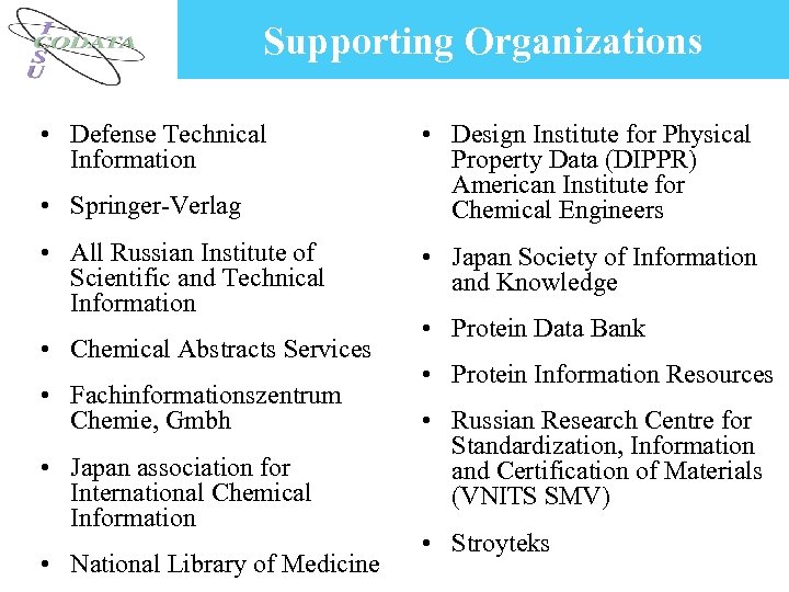Supporting Organizations • Defense Technical Information • Springer-Verlag • All Russian Institute of Scientific