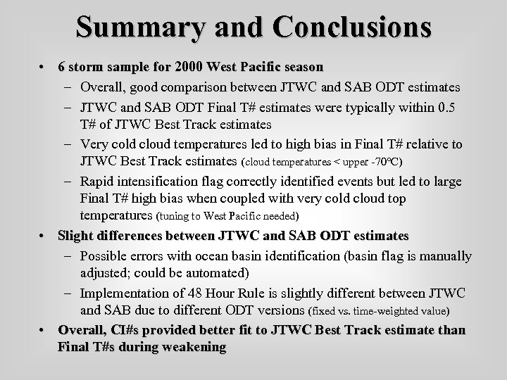 Summary and Conclusions • 6 storm sample for 2000 West Pacific season – Overall,