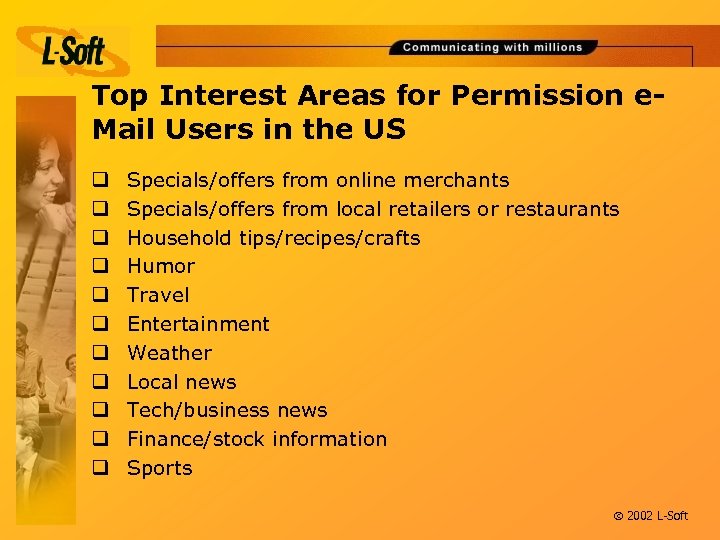 Top Interest Areas for Permission e. Mail Users in the US q q q