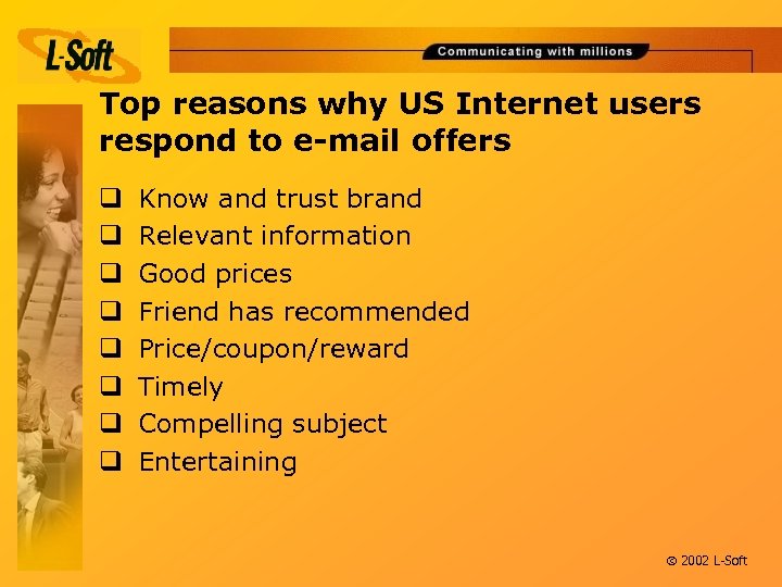 Top reasons why US Internet users respond to e-mail offers q q q q