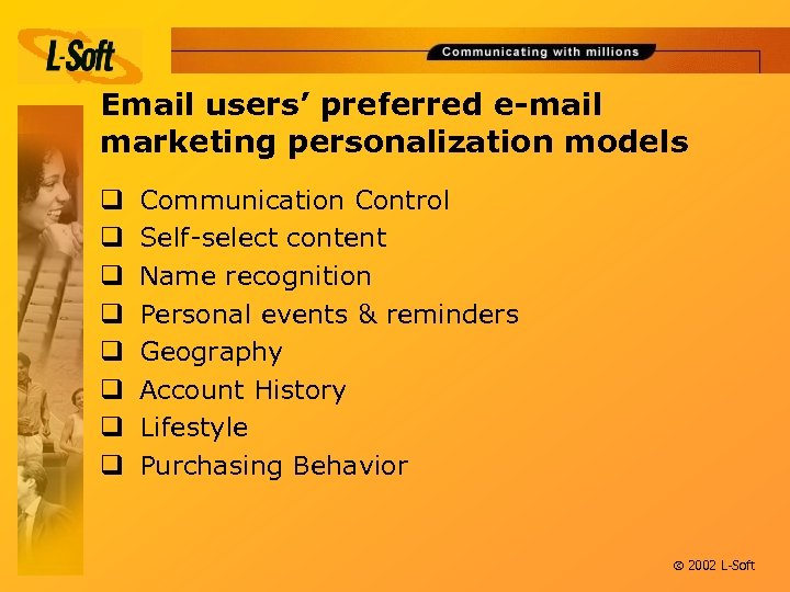 Email users’ preferred e-mail marketing personalization models q q q q Communication Control Self-select