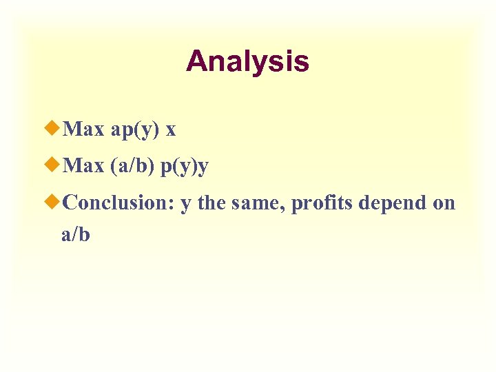 Analysis ¿Max ap(y) x ¿Max (a/b) p(y)y ¿Conclusion: y the same, profits depend on