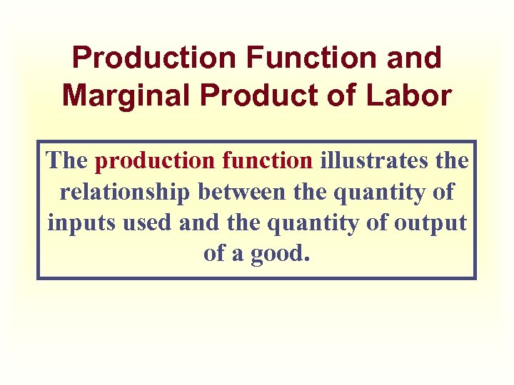 Production Function and Marginal Product of Labor The production function illustrates the relationship between