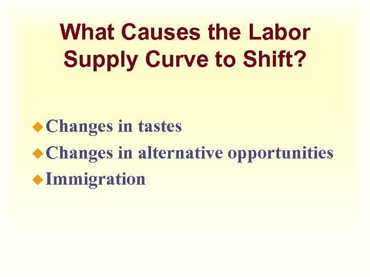 What Causes the Labor Supply Curve to Shift? u Changes in tastes u Changes