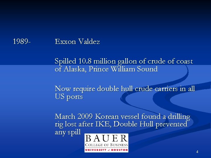 1989 - Exxon Valdez Spilled 10. 8 million gallon of crude of coast of