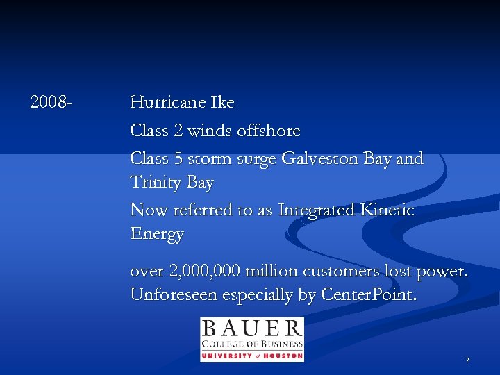 2008 - Hurricane Ike Class 2 winds offshore Class 5 storm surge Galveston Bay