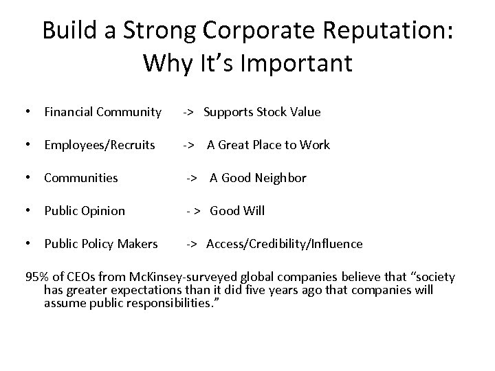 Build a Strong Corporate Reputation: Why It’s Important • Financial Community -> Supports Stock