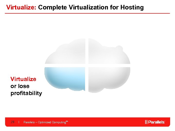 Virtualize: Complete Virtualization for Hosting Virtualize or lose profitability 29 Parallels – Optimized Computing.