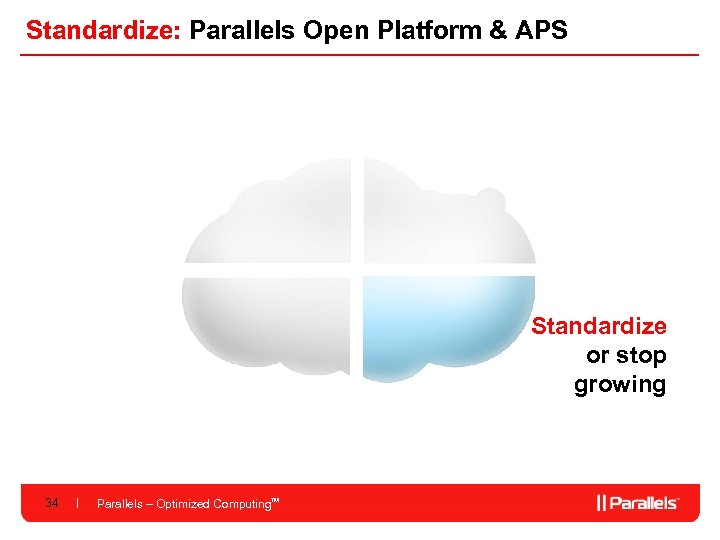Standardize: Parallels Open Platform & APS Standardize or stop growing 34 Parallels – Optimized