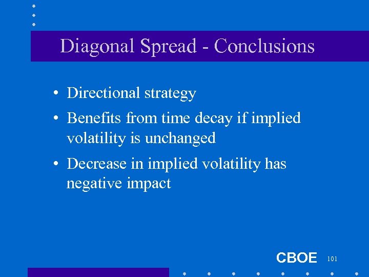 Diagonal Spread - Conclusions • Directional strategy • Benefits from time decay if implied