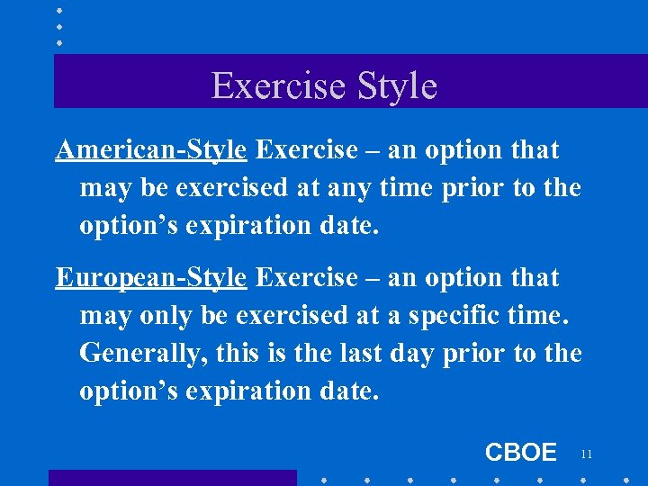 Exercise Style American-Style Exercise – an option that may be exercised at any time