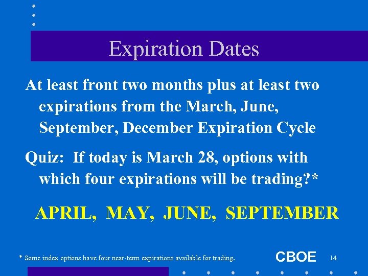 Expiration Dates At least front two months plus at least two expirations from the